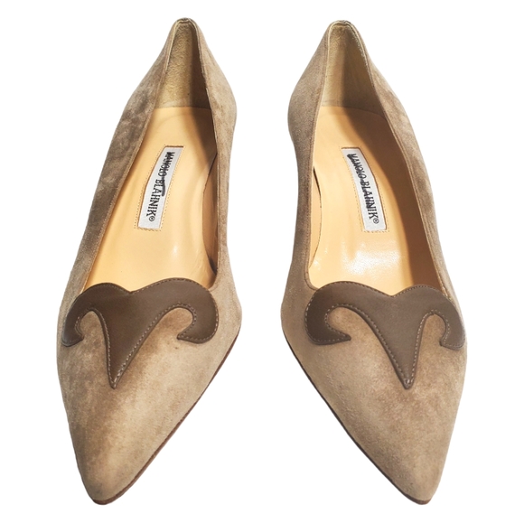 Manolo Blahnik Suede Tan Cashmere Pointed Toe Pumps 37 - Picture 5 of 9